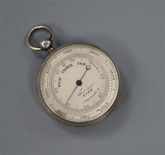 An engine turned white metal cased pocket barometer, inscribed Thurlow, Ryde, 35mm.